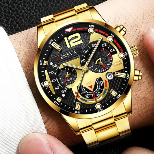 GENEVA Men's Leisure Business Creative  Six-Pin Watch Alloy Steel Band Quartz Watch Men Watch New Luxury Men Quartz WristWatch