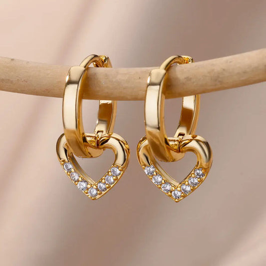 Hollow Heart Earrings for Women Stainless Steel Dangle Drop Earrings 2024 Trend Cubic Zirconia Wedding Couple Ear Jewelry aretes