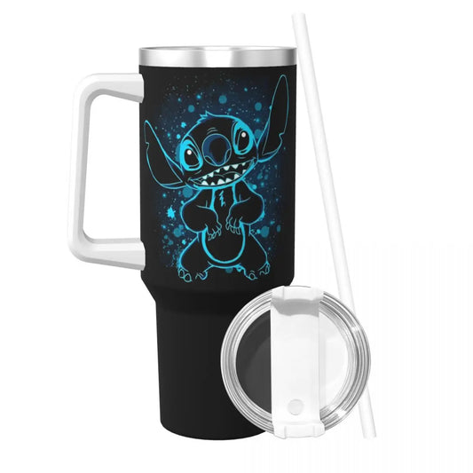 Stainless Steel Tumbler Cute Cartoon Stitch Car Mugs With Straws Blue Comic Camping Cold and Hot Water Bottle 40oz Thermal Mug