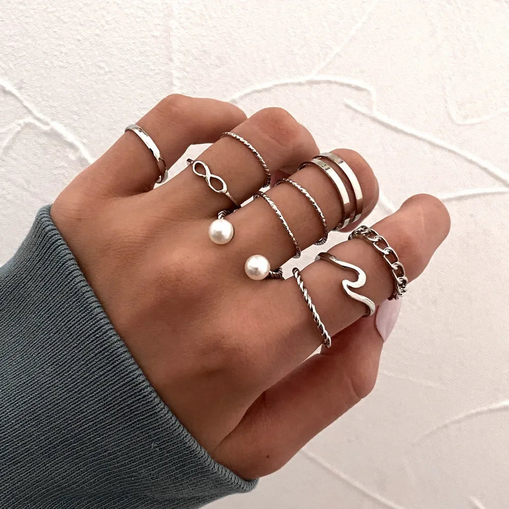 10pcs Silver Colour Wide Chain Rings