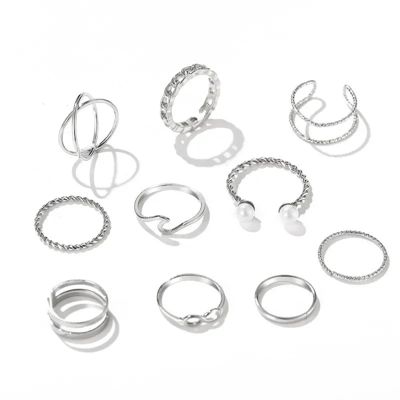 10pcs Silver Colour Wide Chain Rings