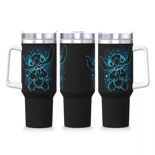 Stainless Steel Tumbler Cute Cartoon Stitch Car Mugs With Straws Blue Comic Camping Cold and Hot Water Bottle 40oz Thermal Mug